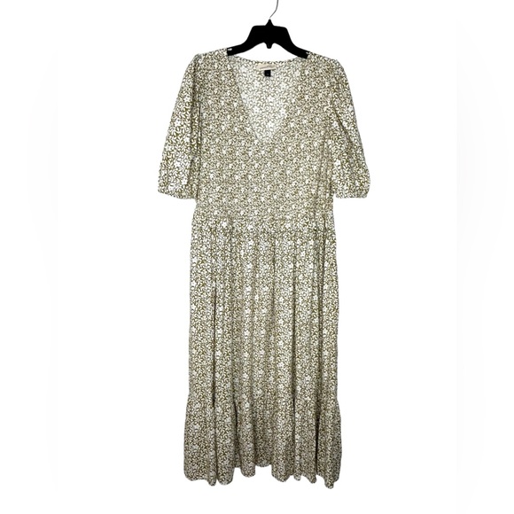 Universal Threads Smocked Floral Maxi dress Sz L Olive Green Puff sleeves EUC - Picture 1 of 9